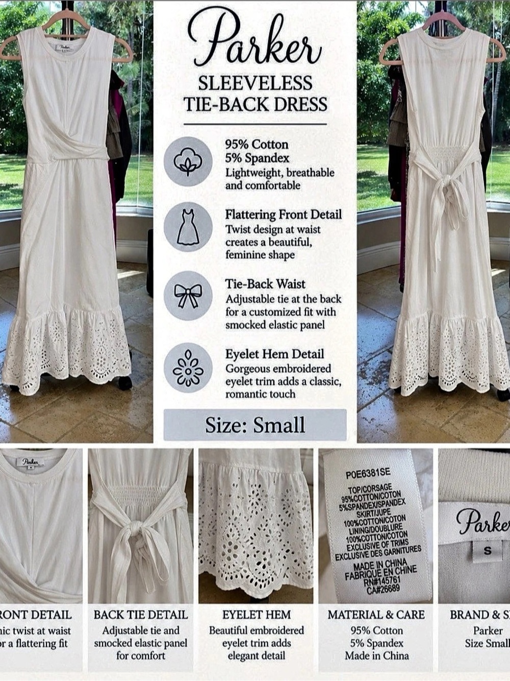 Parker Sleeveless Tie-Back Dress Maxi Dress in White Size Small Like New